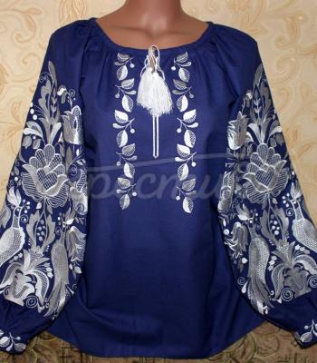 Синяя женская вышиванка на коттоне "Жарптицы" фото